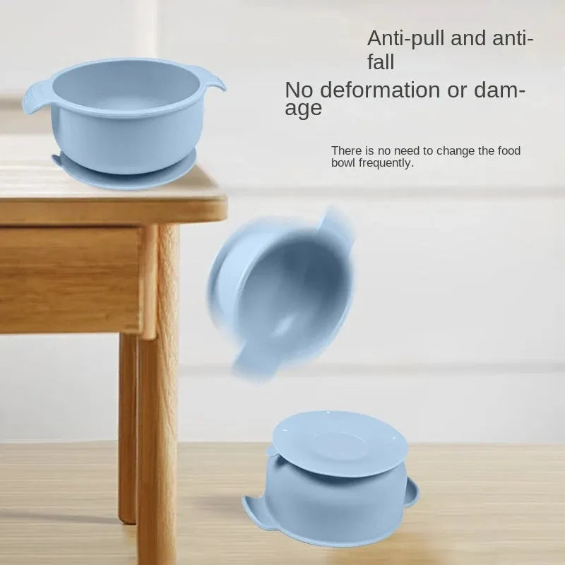 Silicone pet bowl with suction cups on a floor, shown in blue colour.