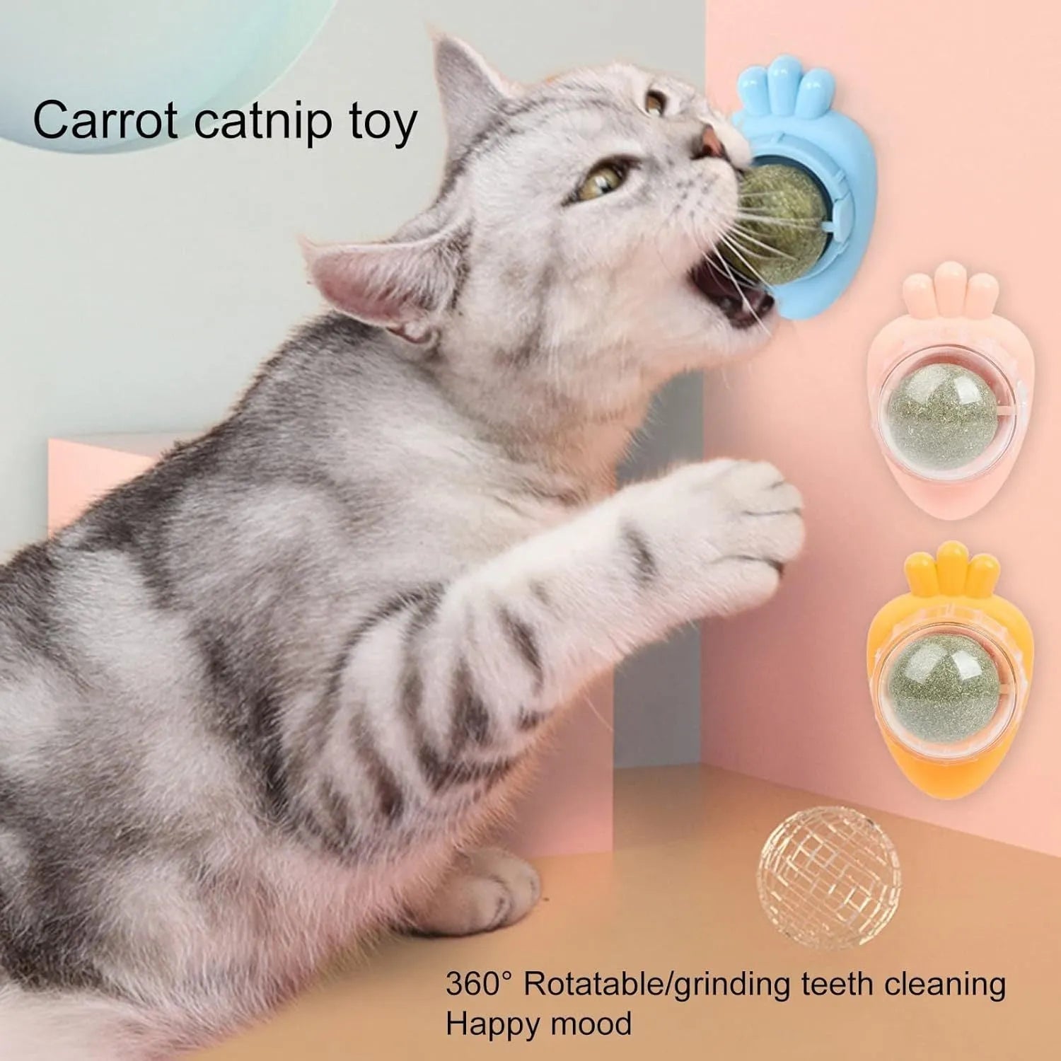 Blue carrot-shaped self-adhesive catnip ball toy for wall mounting and cat teeth cleaning.