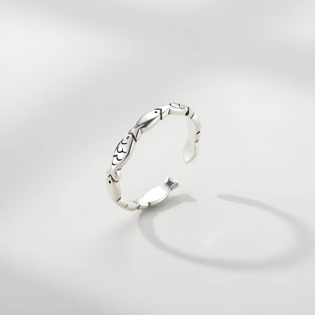 Women's adjustable S925 sterling silver fish ring with electroplated vintage finish and carp design
