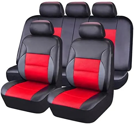 Black artificial leather car seat covers installed on front seats of a 5-seater vehicle.