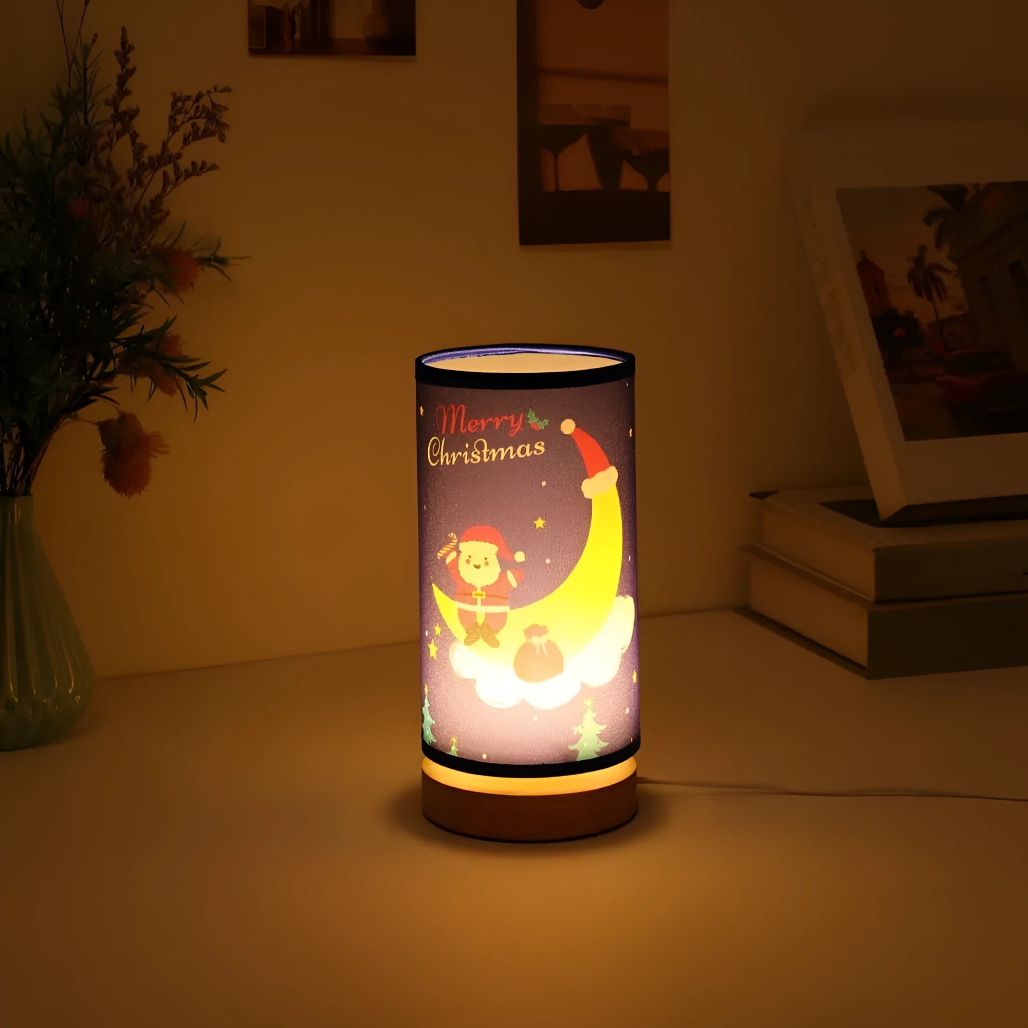 Santa Claus LED night light with USB plug and bamboo lamp holder in European design style