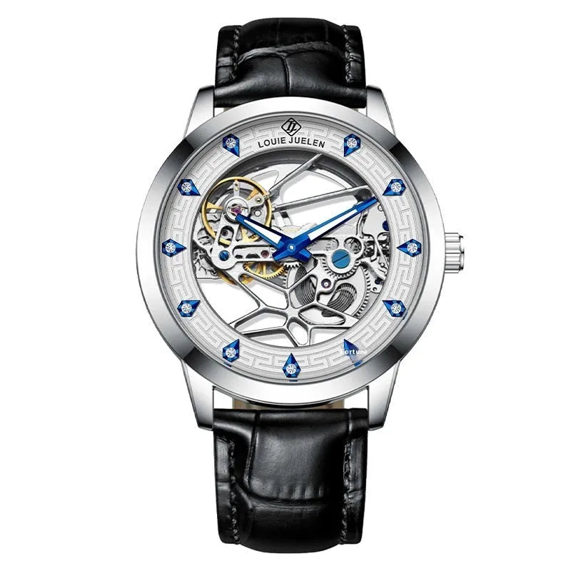 Men's silver case mechanical watch with white dial, blue hands, and black leather strap.