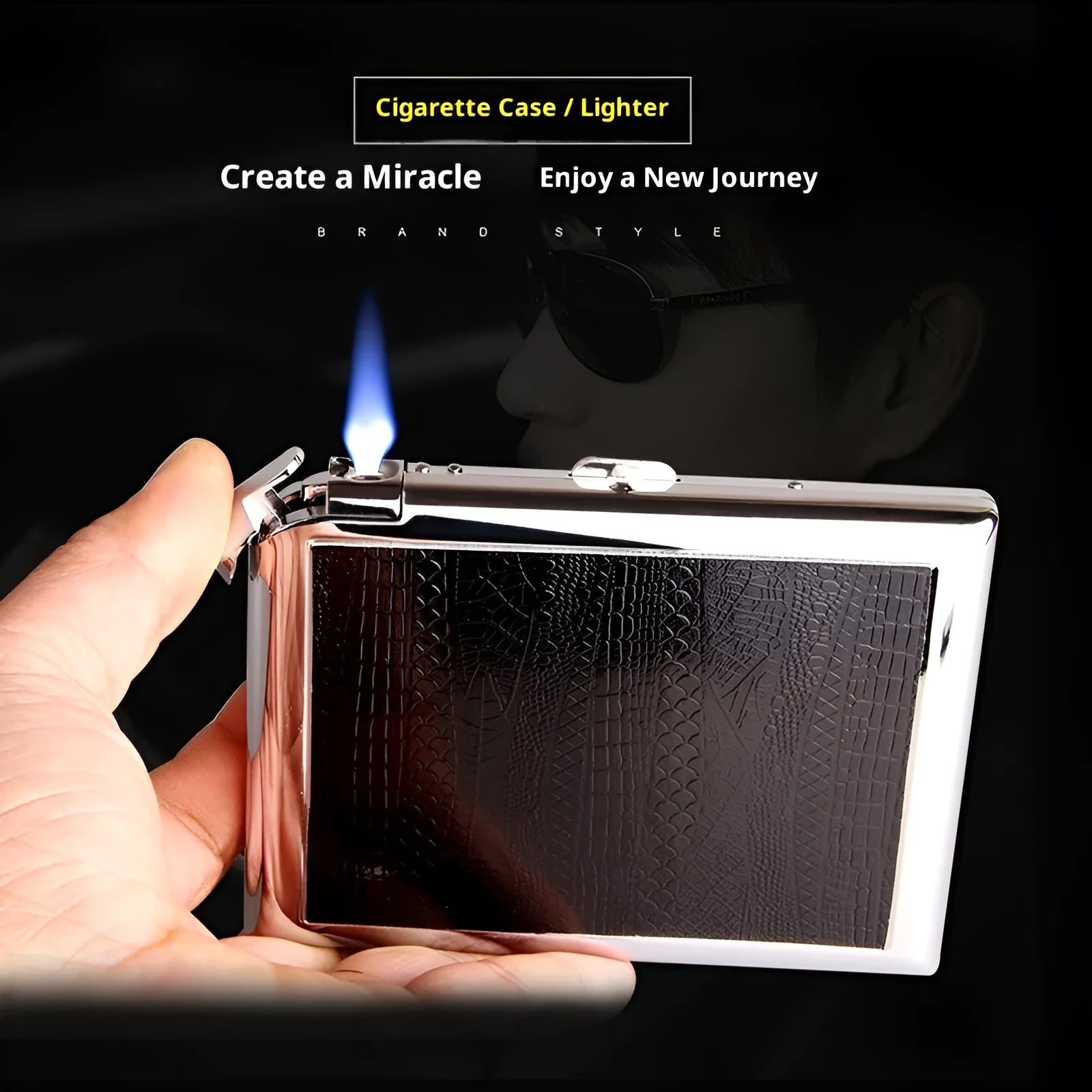 Metal cigarette case with windproof lighter in modern simplicity style, model DH-8923, with leather-like finish.