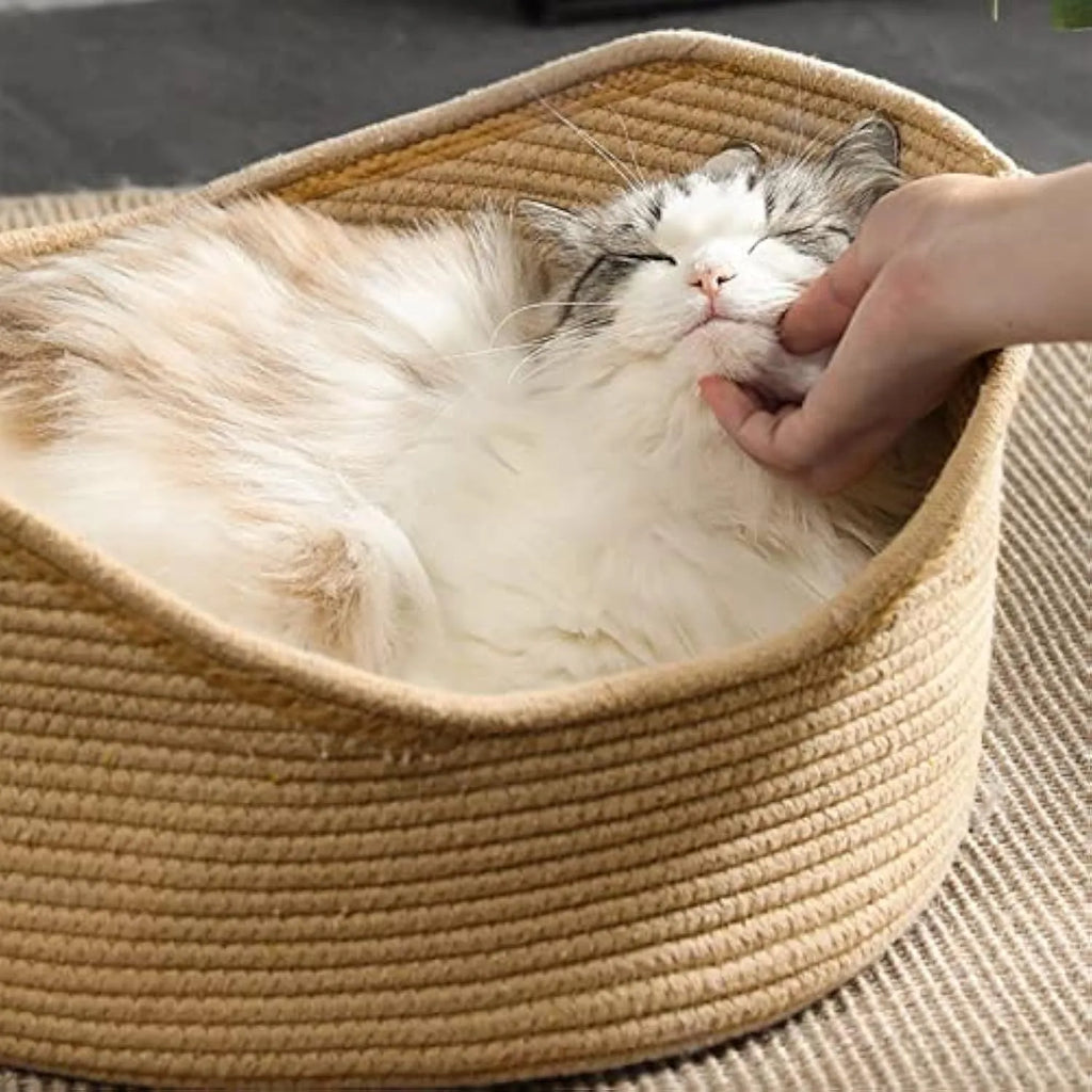 Natural wicker cat bed basket with corrugated scratching board surface in two size options