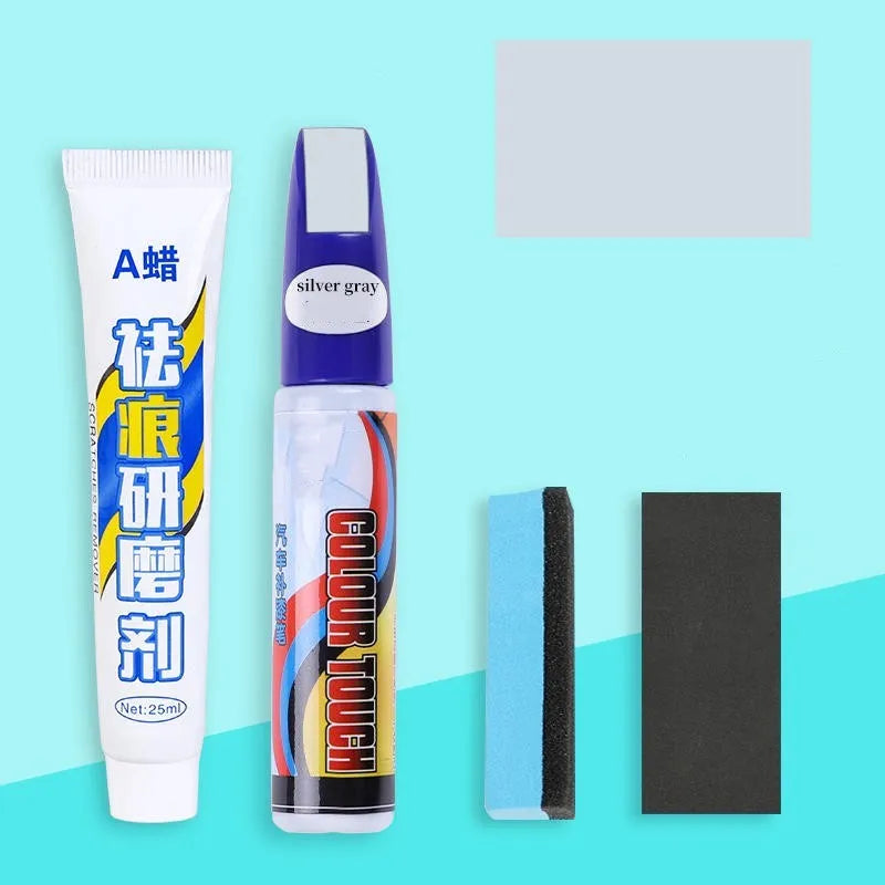 Automotive paint repair pen kit with touch-up fluid, wax, sponge, and sandpaper for car scratch repair.
