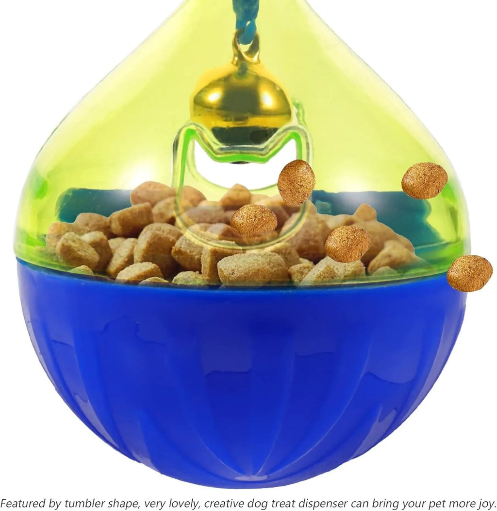 Tumbler-shaped pet treat dispenser toy for dogs and cats with leaky food openings