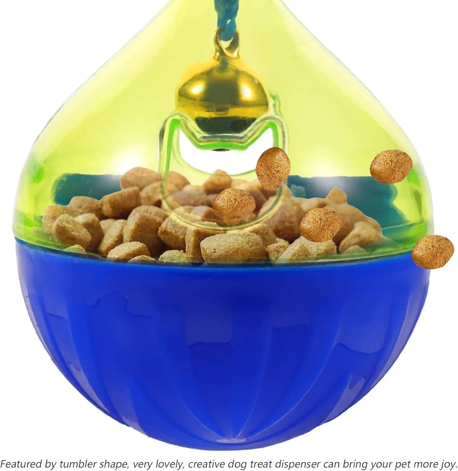 Tumbler-shaped pet treat dispenser toy for dogs and cats with leaky food openings