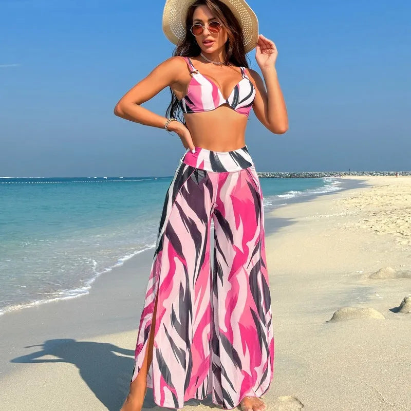 Women's polyester bikini three-piece swimsuit set with printing pattern