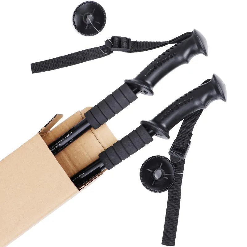 Aluminum alloy three-section adjustable trekking poles in black, red, blue, or silver.
