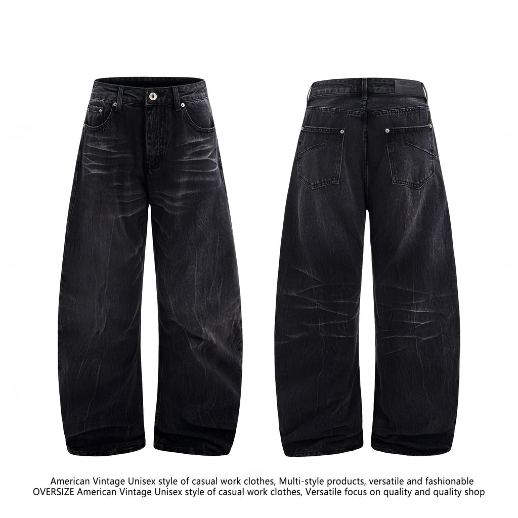 Black straight-leg men's jeans with American washed lightning crack texture detail