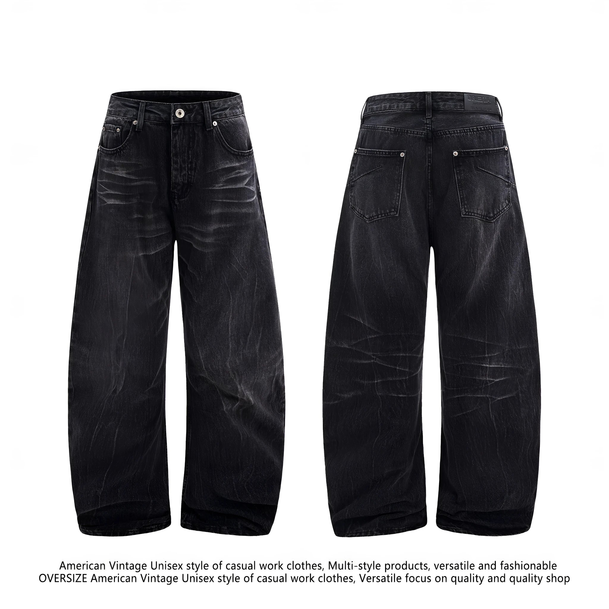 Black straight-leg men's jeans with American washed lightning crack texture detail