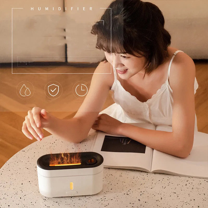 White resin flame lamp humidifier with two fog outlets and 300ml capacity, USB powered