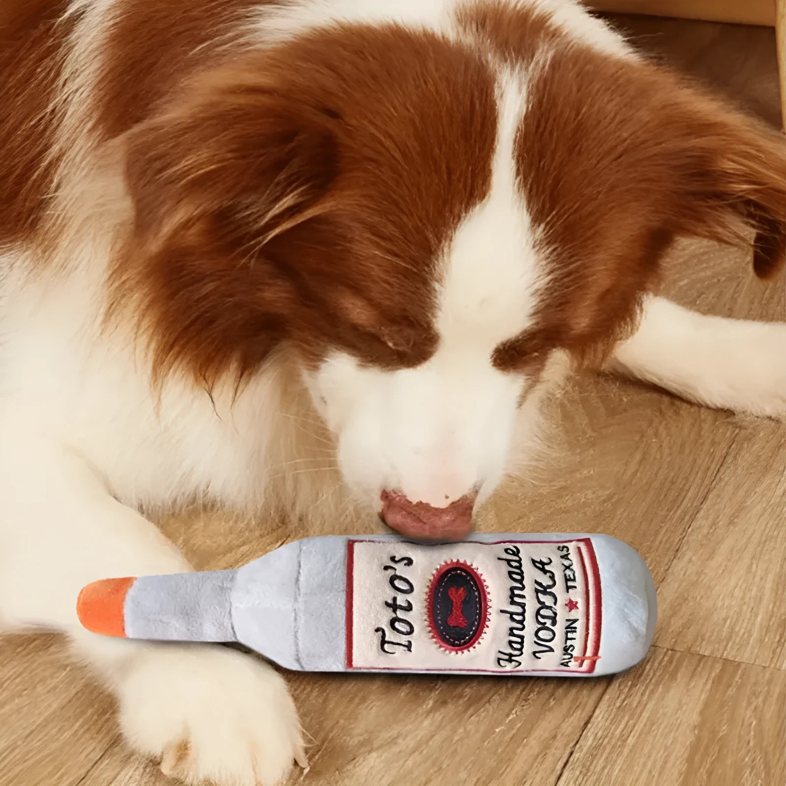 Brown wine bottle shaped plush dog toy with squeaker inside for chewing and dental cleaning