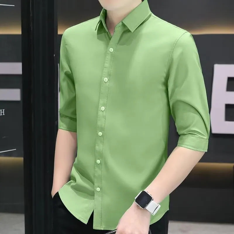 Men's slim-fit half-sleeve shirt in silk-linen blend available in multiple colours with non-iron fabric