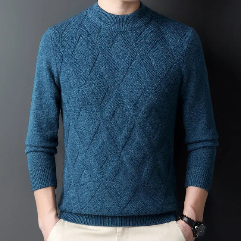 Men's thick grey diamond jacquard knit winter pullover sweater on a hanger.