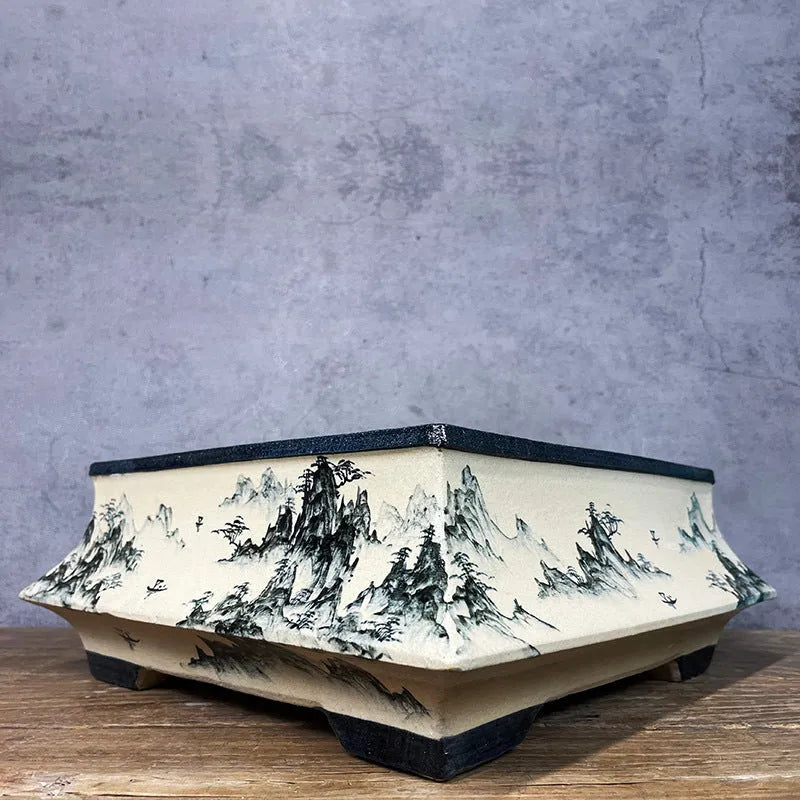 Blue and white hand drawn glazed ceramic flower pot, 34cm, handmade, Chinese style