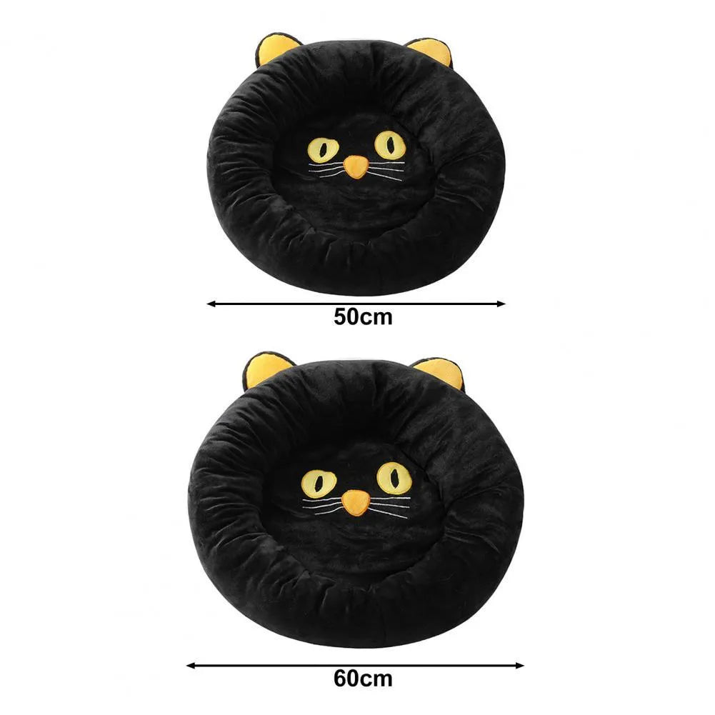 Black cat shaped velvet pet bed nest with raised edges for head support