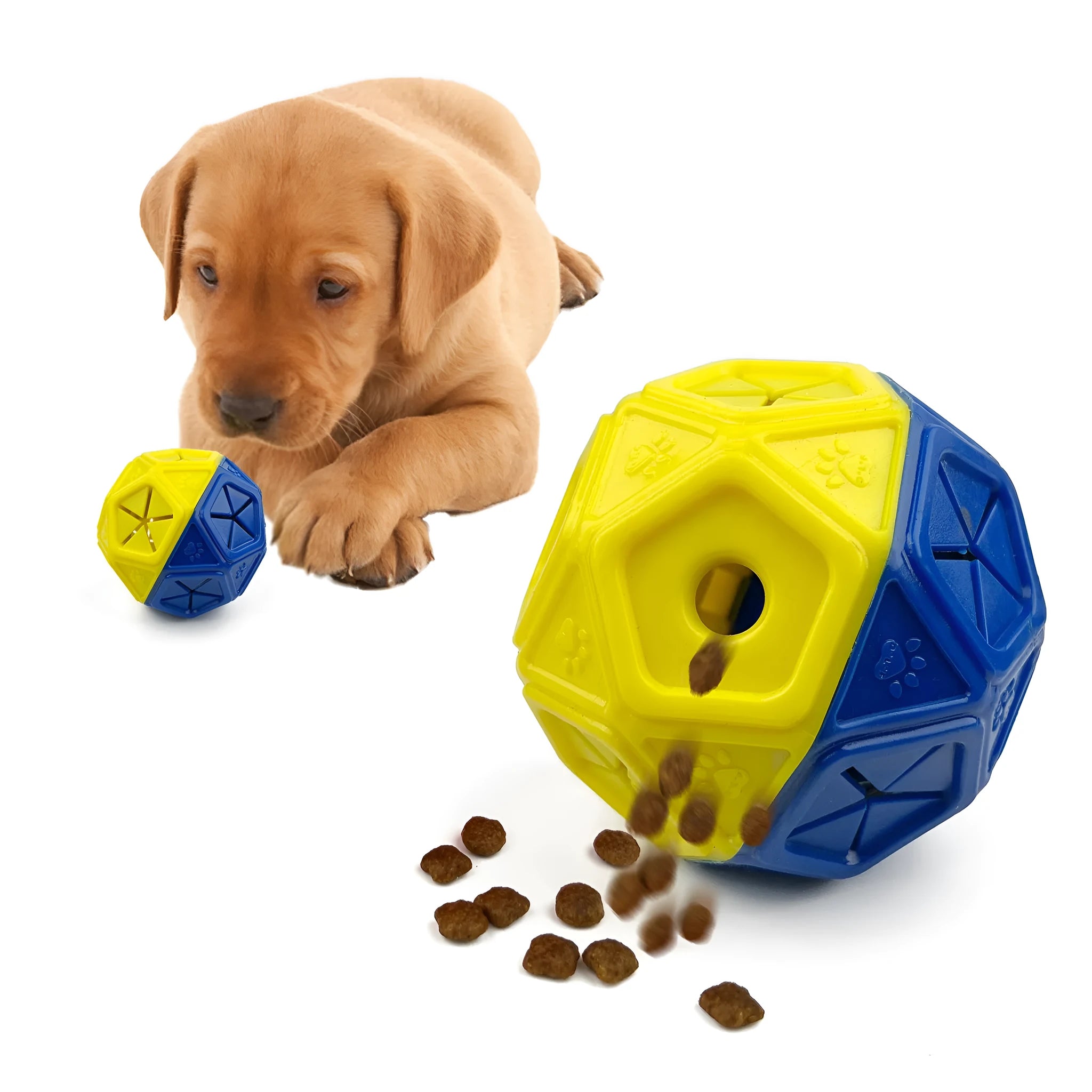 Blue soft rubber hollow dog toy ball for treat dispensing and interactive play.