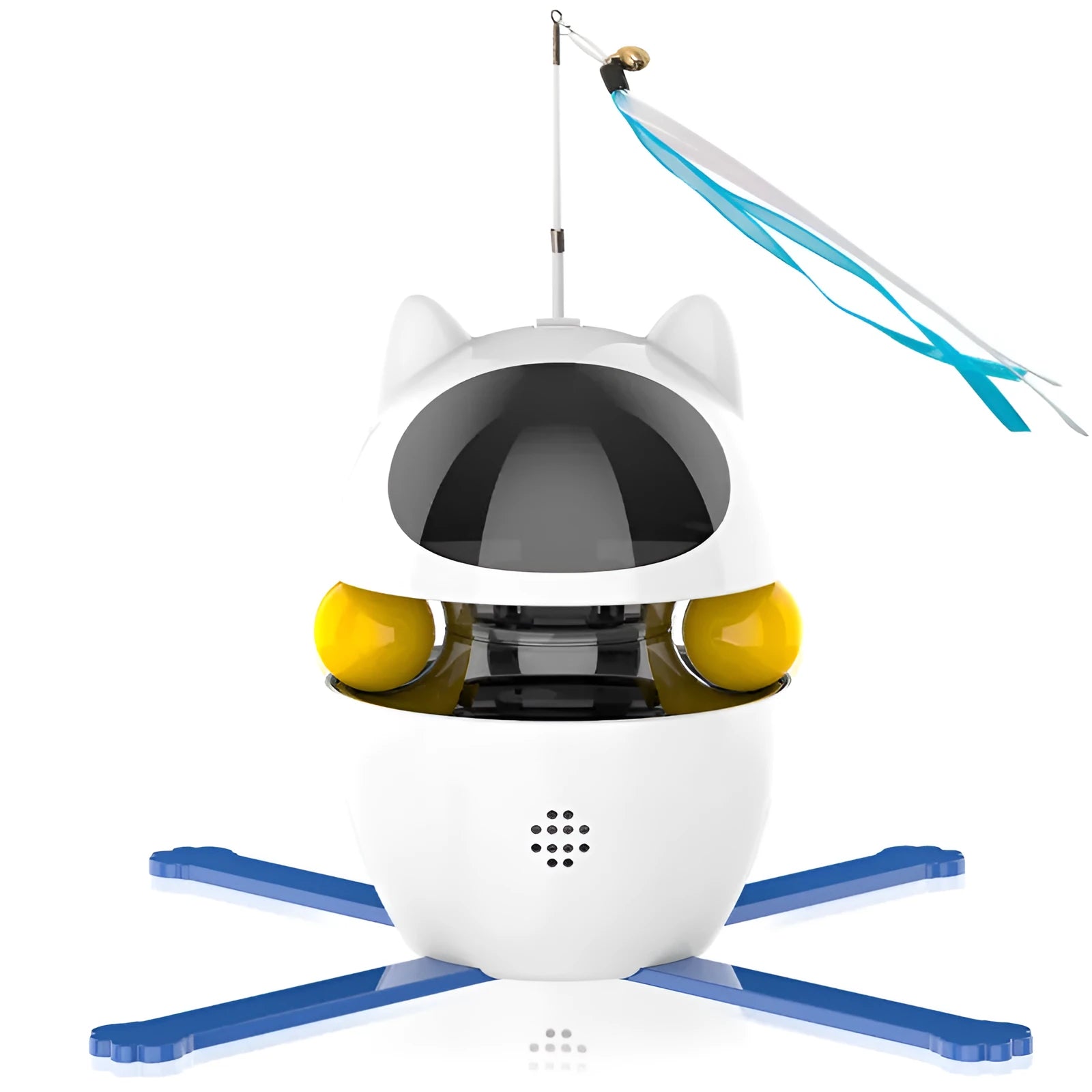 White automatic electronic cat toy with elastic rope and funny stick attachment for indoor feline play