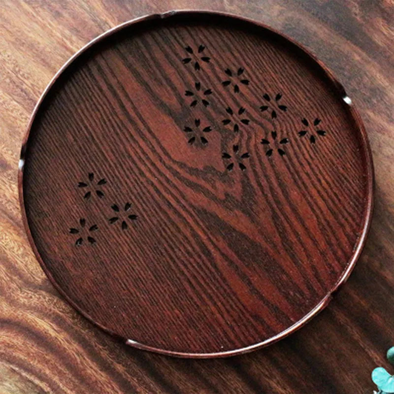 30cm round wooden plate with hollow cherry blossom design and 2cm shallow depth
