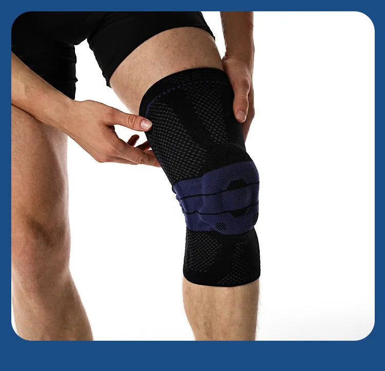 Adult sports knee pads in black and blue, made from nylon and spandex for basketball and running.
