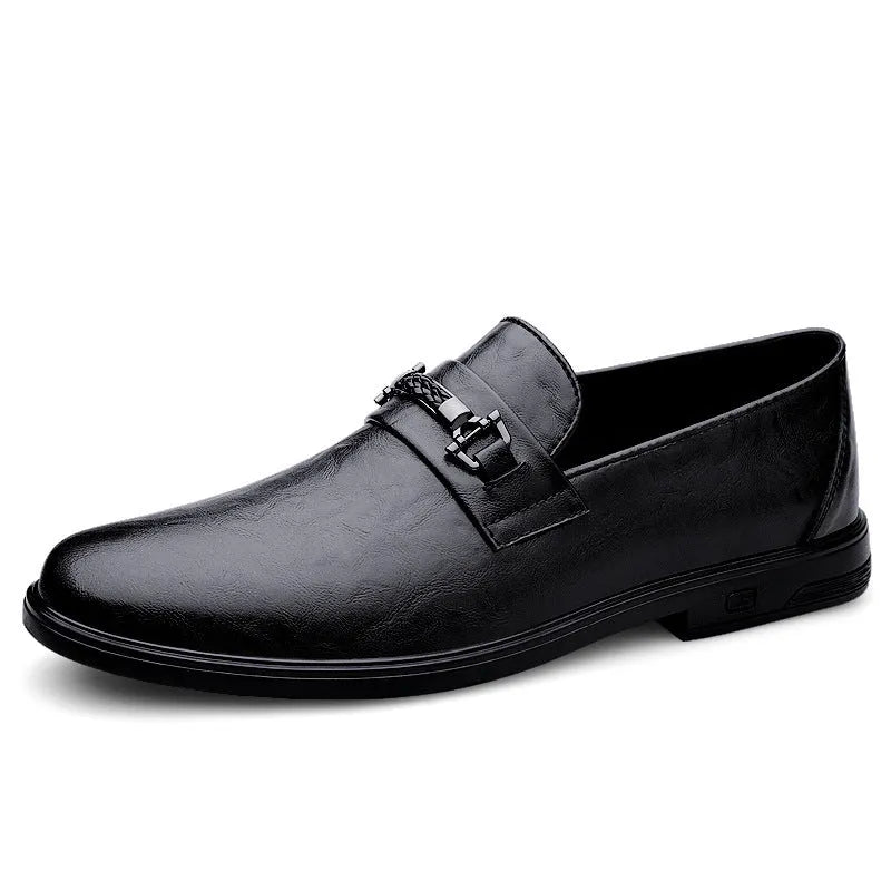 Men's brown low-top slip-on cowhide leather shoes with chunky heel and round toe