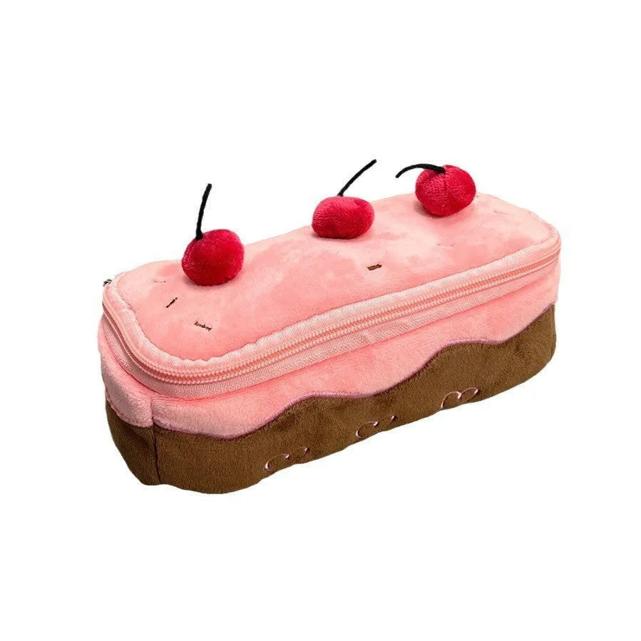 Cherry Cake coloured velvet plush pencil bag in a Korean style.