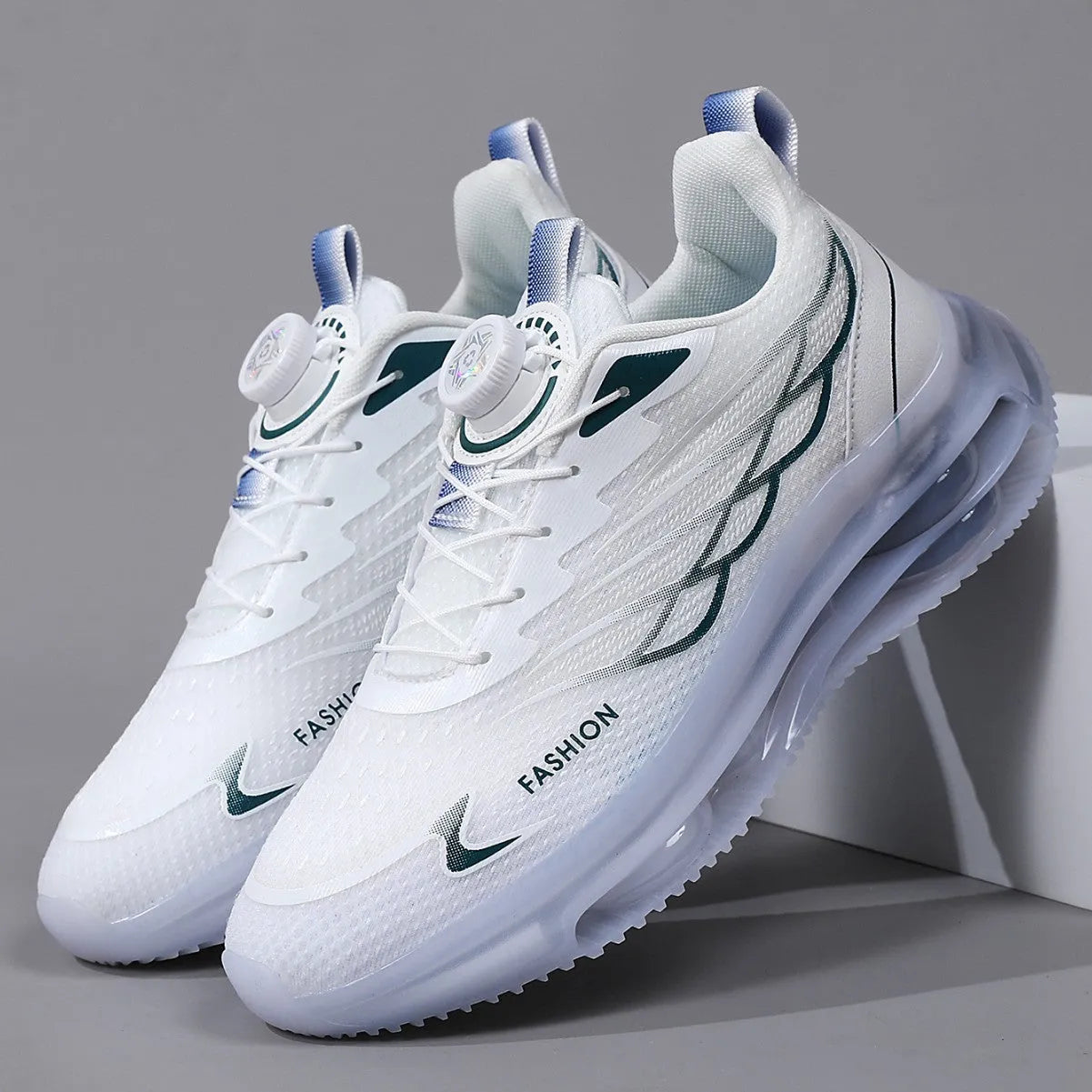 White rotating button casual shoes with mesh upper and rubber sole