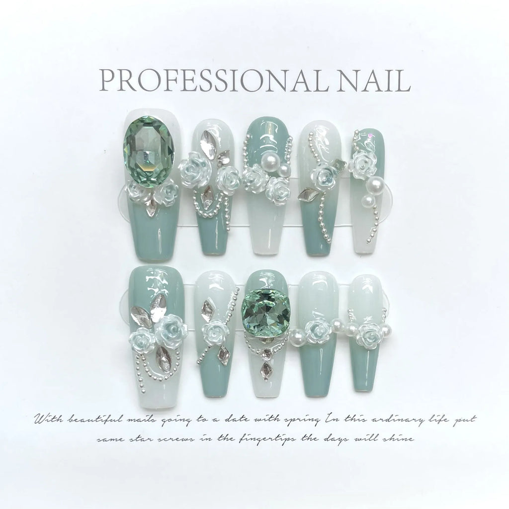 Armour green nail stickers with camellia gradient chain, bow, and butterfly designs in XS, S, M, L sizes.