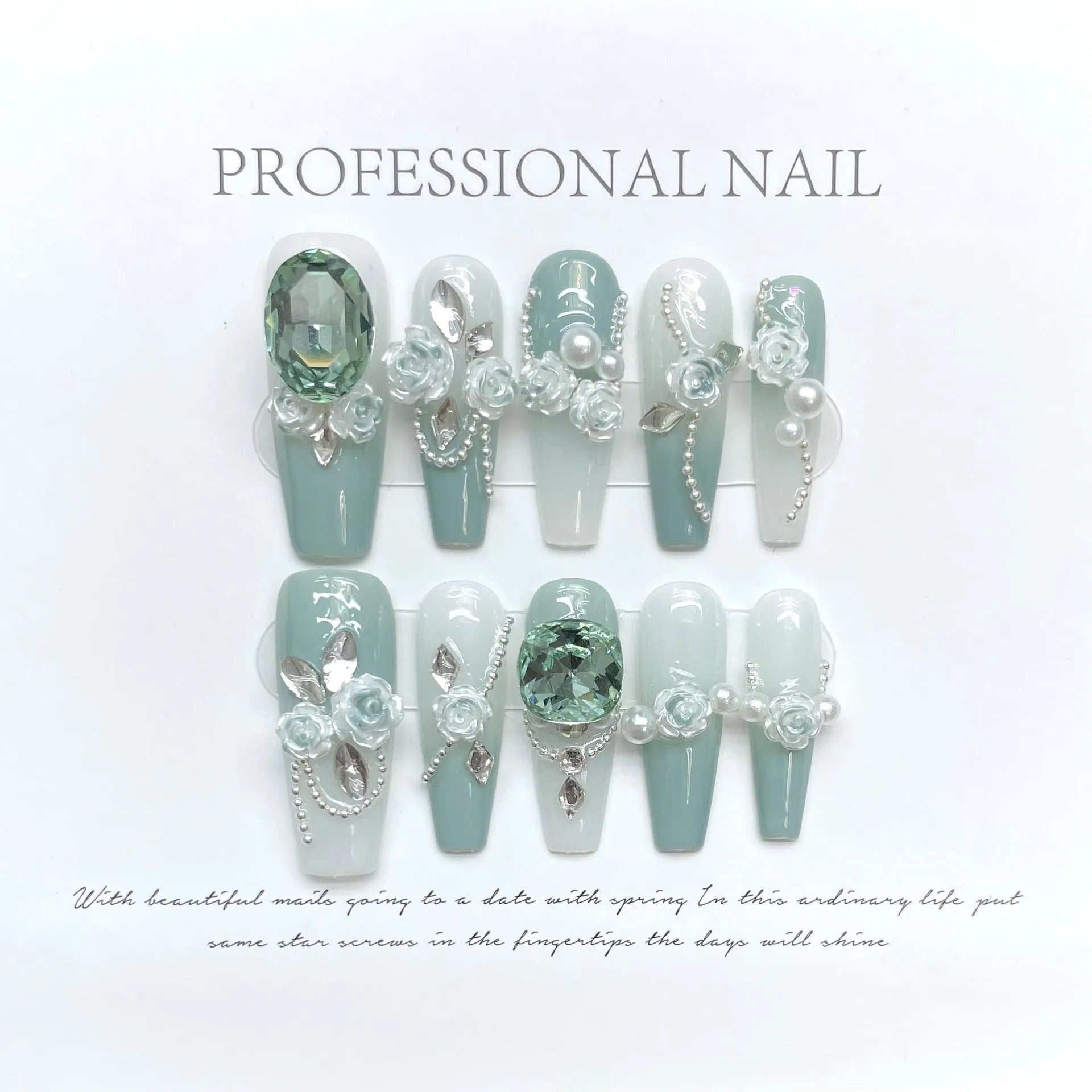 Armour green nail stickers with camellia gradient chain, bow, and butterfly designs in XS, S, M, L sizes.