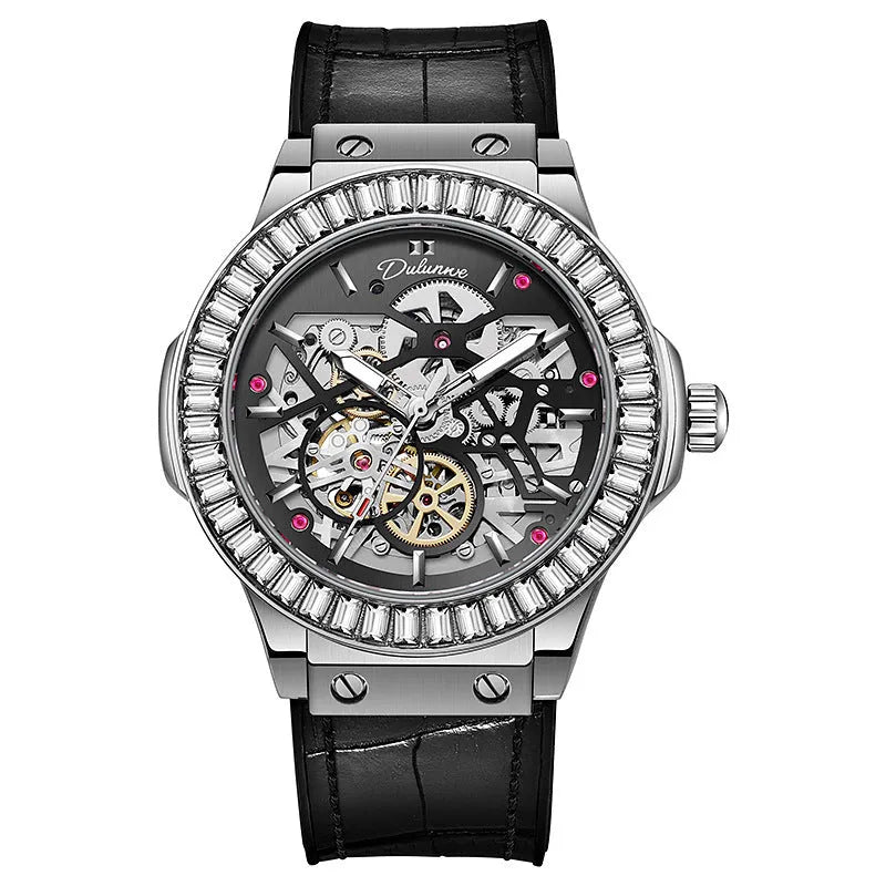 Men's automatic skeleton mechanical watch with diamond-studded dial in a white shell case.