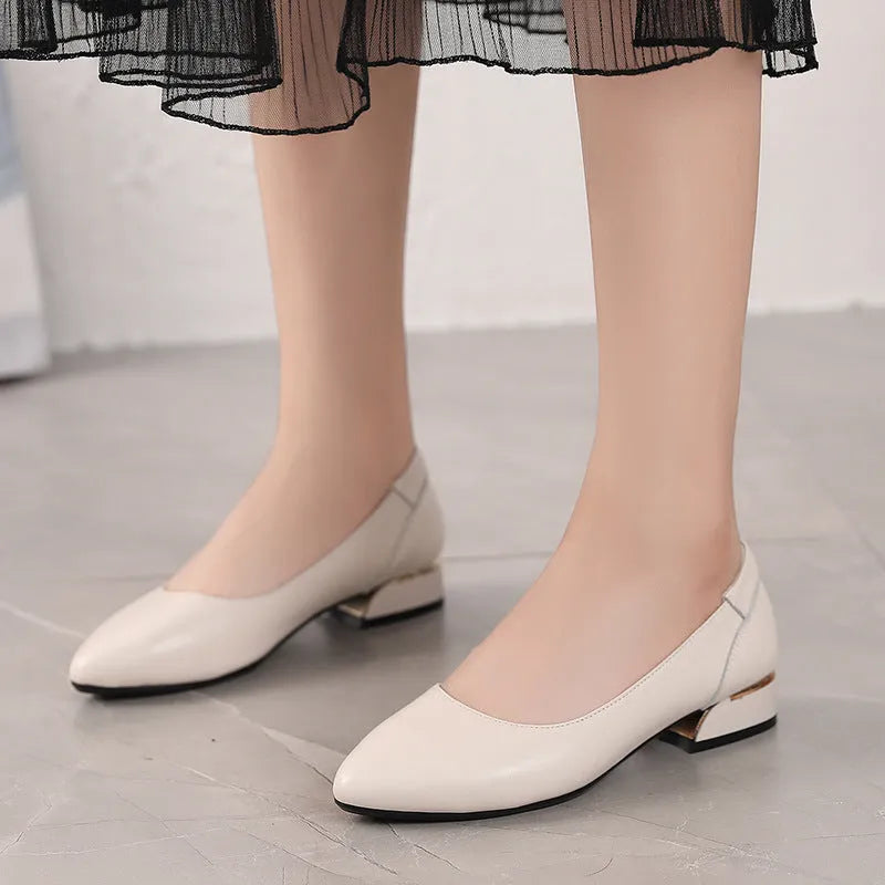 Beige women's pointed-toe flat shoes with a buckle, made from cowhide leather with a rubber sole.