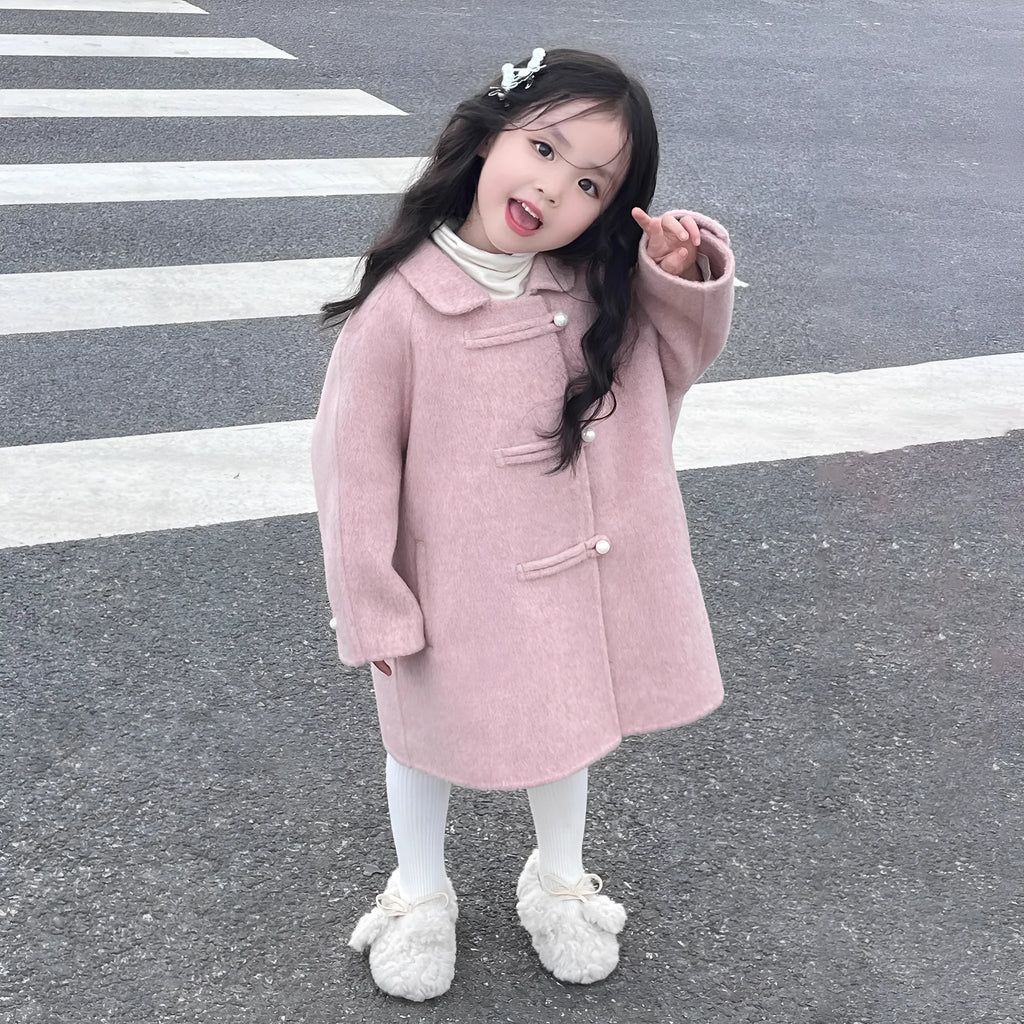 Reversible peach pink woolen coat for girls, thickened cotton, solid colour, front view, size 110 cm