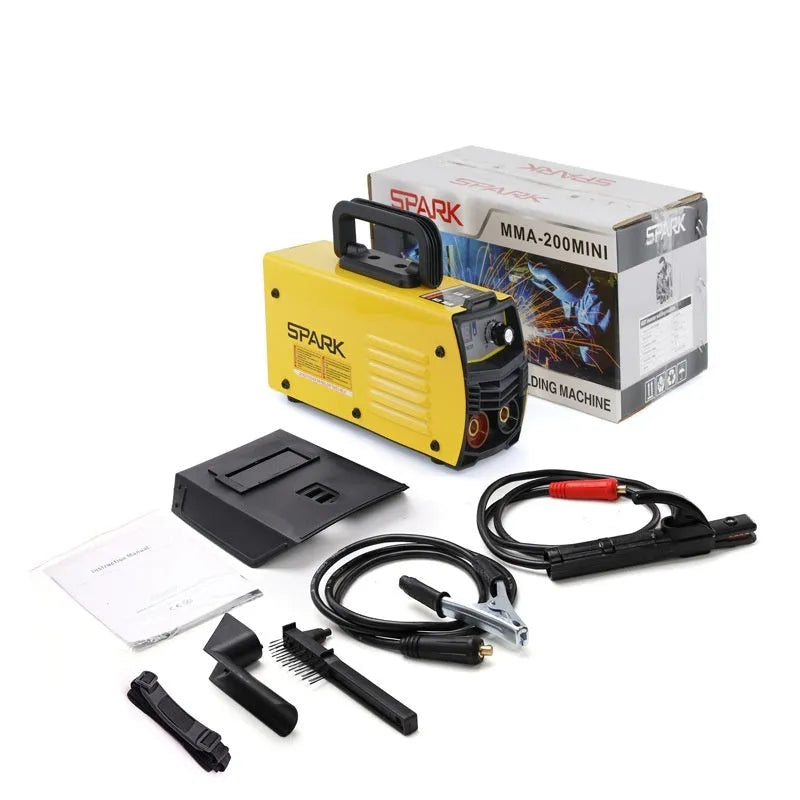 MMA-200MIN compact DC welding machine with welding tongs and face shield on a workbench.