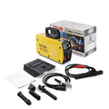 MMA-200MIN compact DC welding machine with welding tongs and face shield on a workbench.