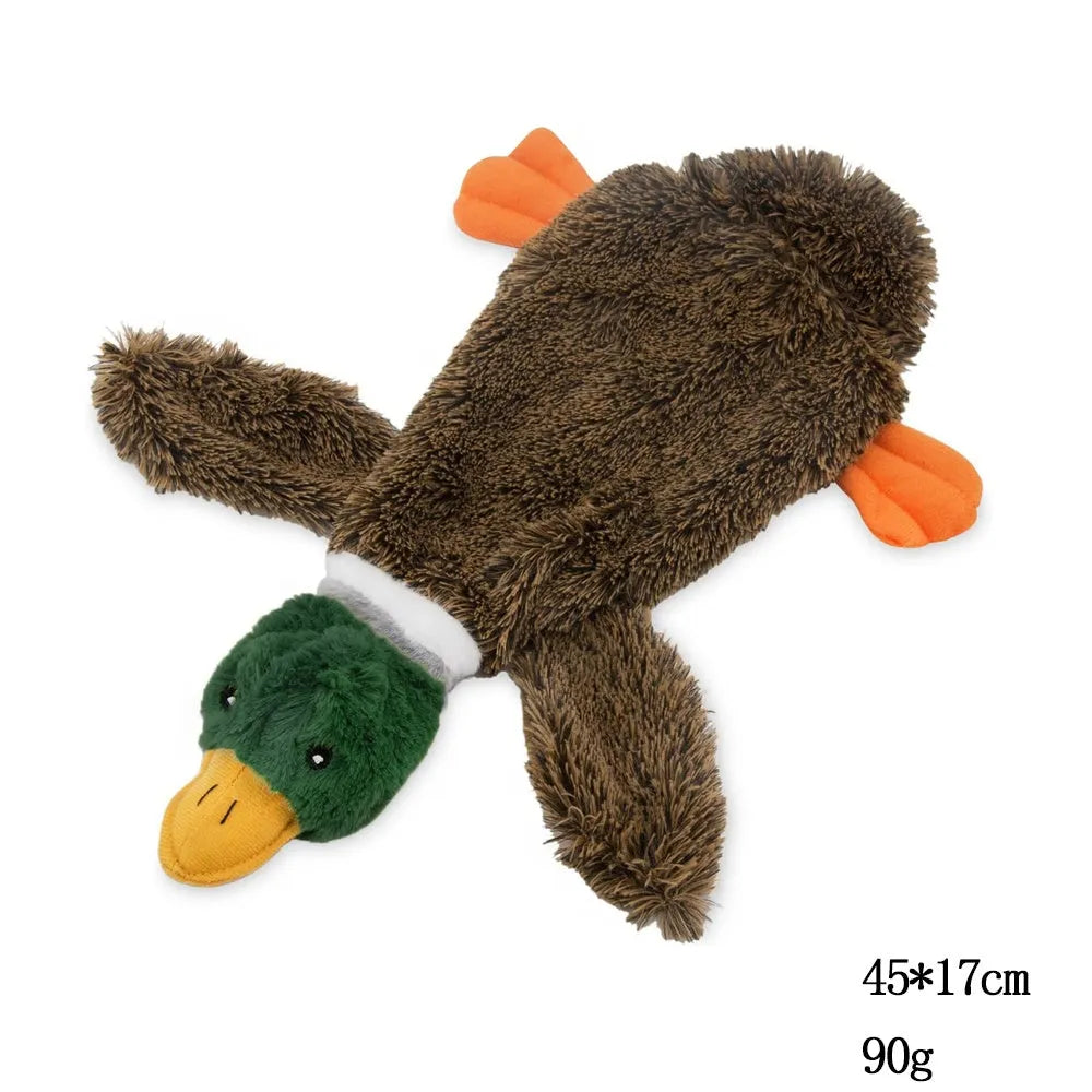 Green wild duck stuffless squeaky dog toy with soft plush fabric