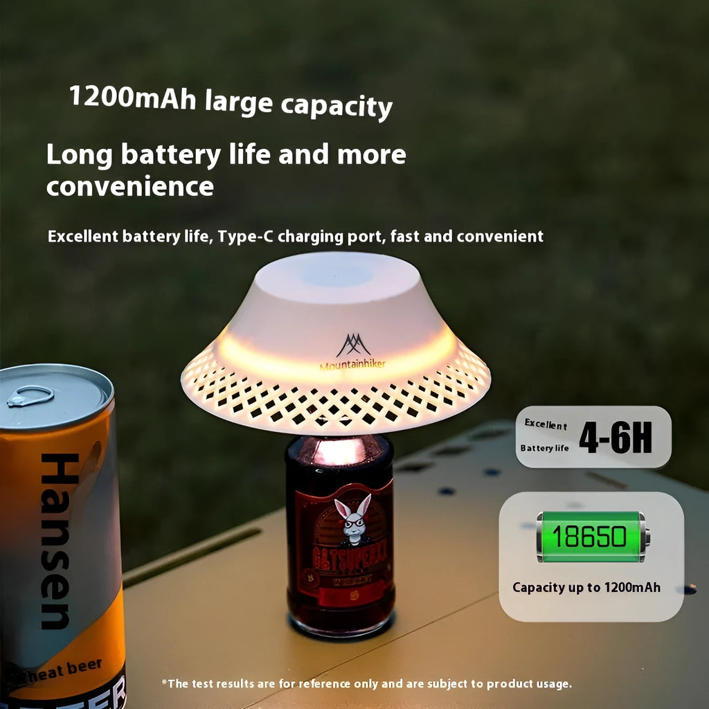 Beige and grey portable camping lantern with a wine bottle shaped lampshade and USB-C charging port.