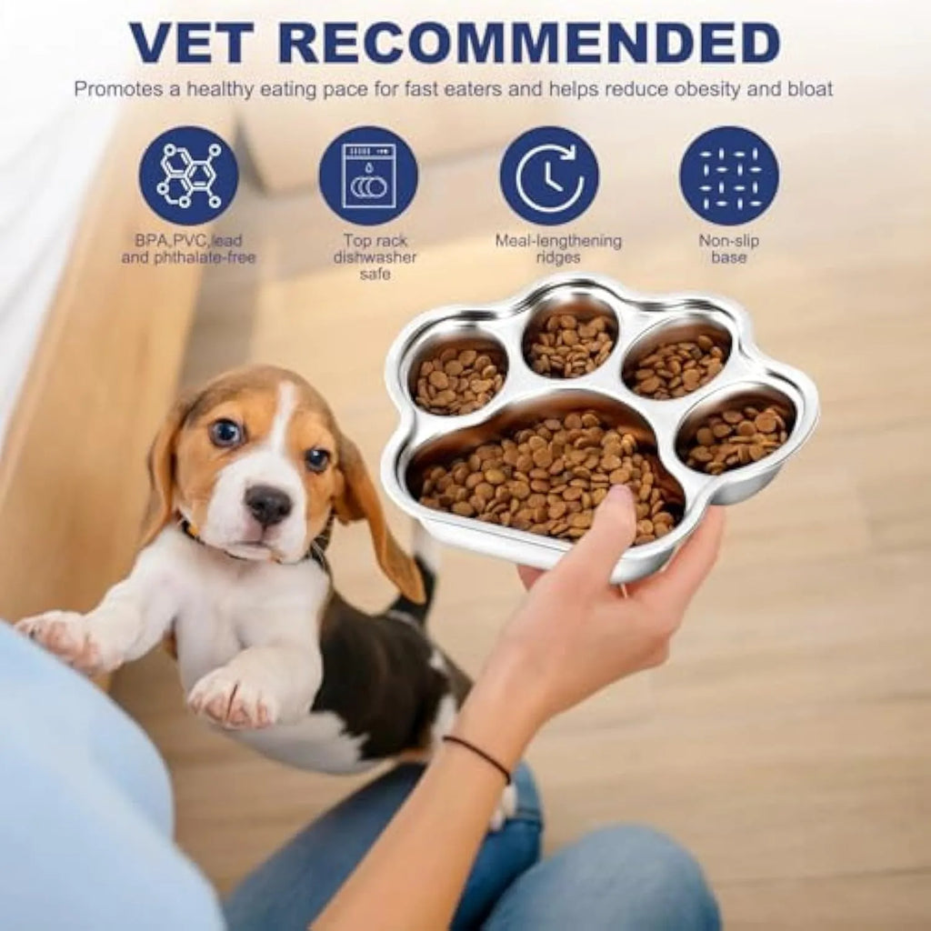 Silver stainless steel slow feeder dog bowl with raised ridges for slowing eating, 2 cup capacity, non-slip base, on a light background