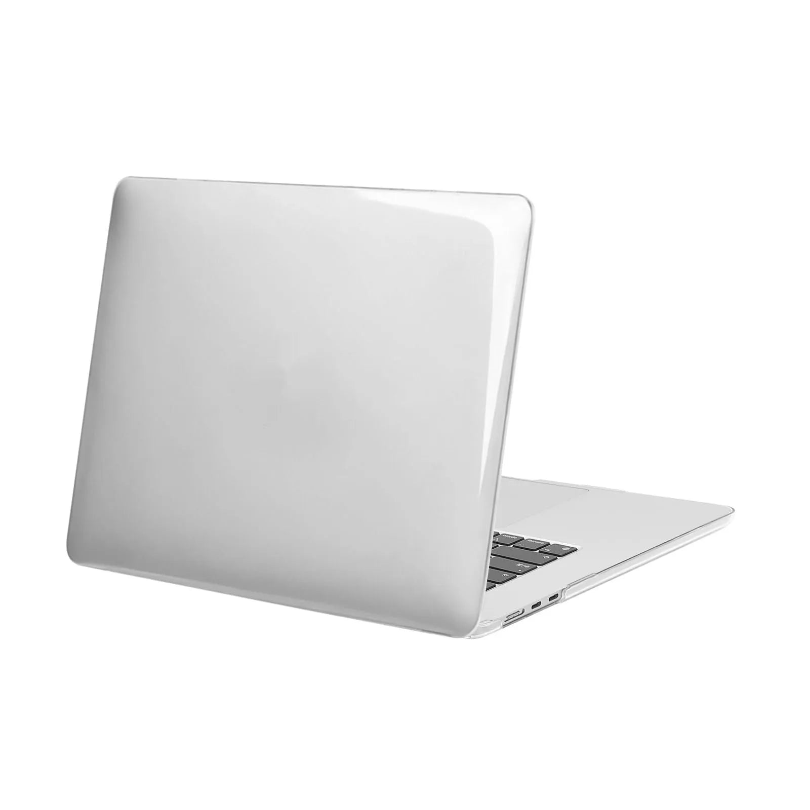 Transparent plastic protective case for a MacBook laptop on a table.