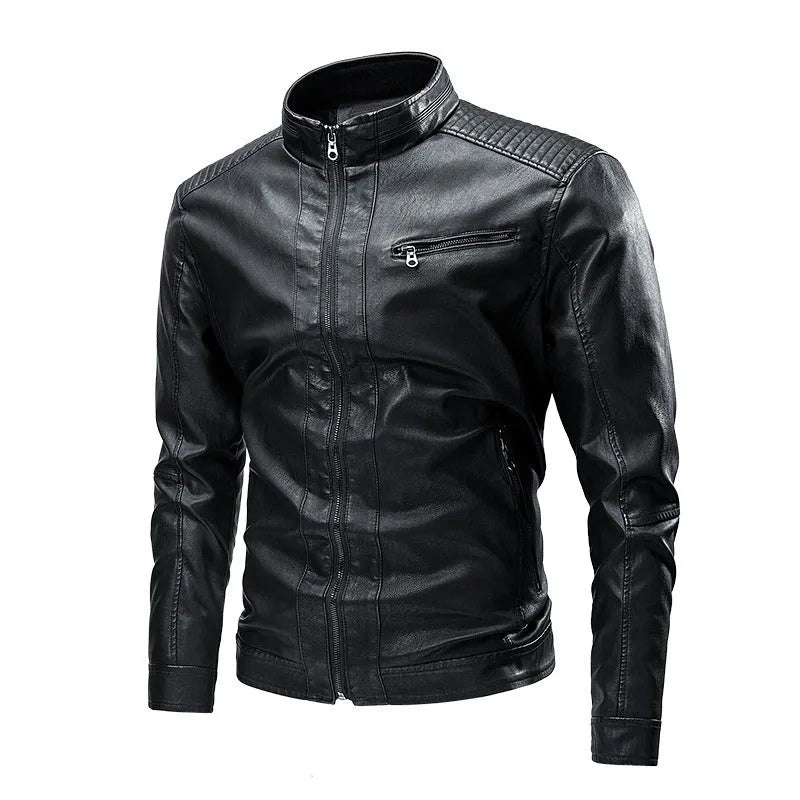 Men's PU leather motorcycle jacket with retro stitching, side pockets, straight hem, in black, brown, khaki, bright yellow