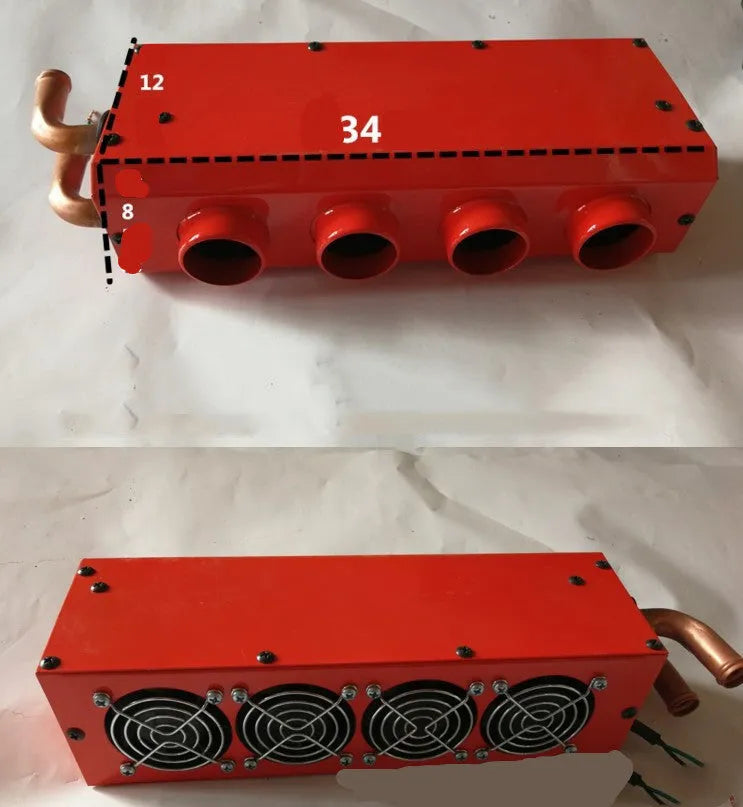 Metal car heater unit with copper pipe connections for 12V 24V auxiliary vehicle heating.