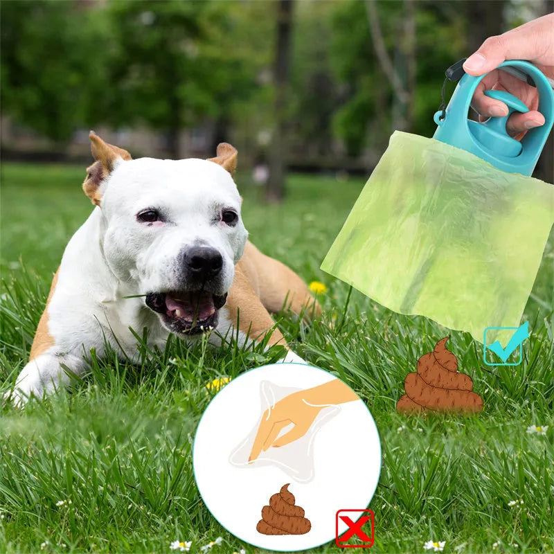 Blue plastic dog pooper scooper with eight-claw shovel and built-in bag dispenser
