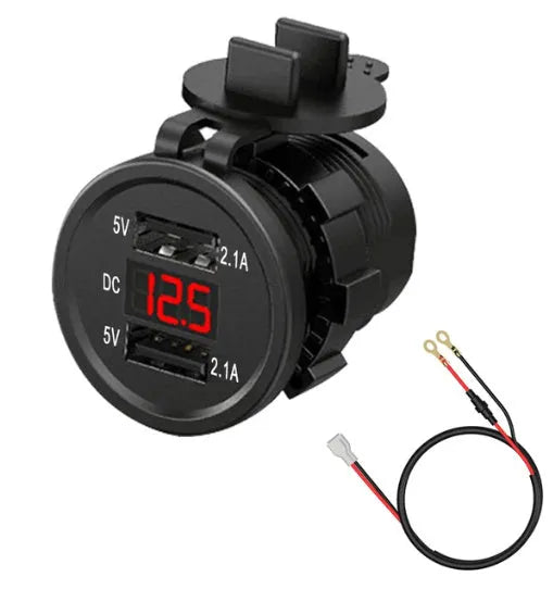 Waterproof motorcycle USB car charger with snap-on design for 12V cigarette lighter sockets.