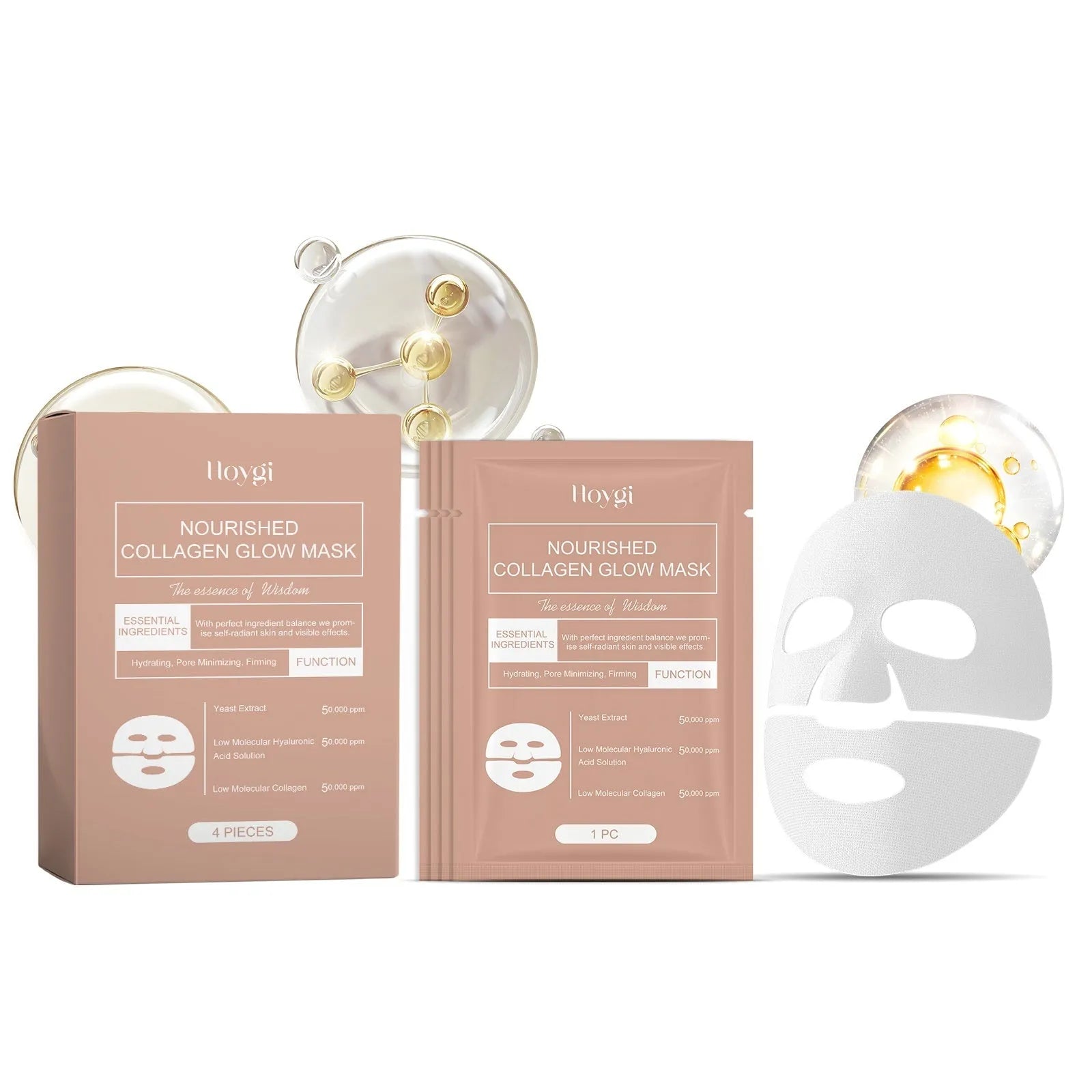 Collagen Glow Face Mask sheet with hyaluronic acid and grape seed oil, pack of 1 or 4 pieces.