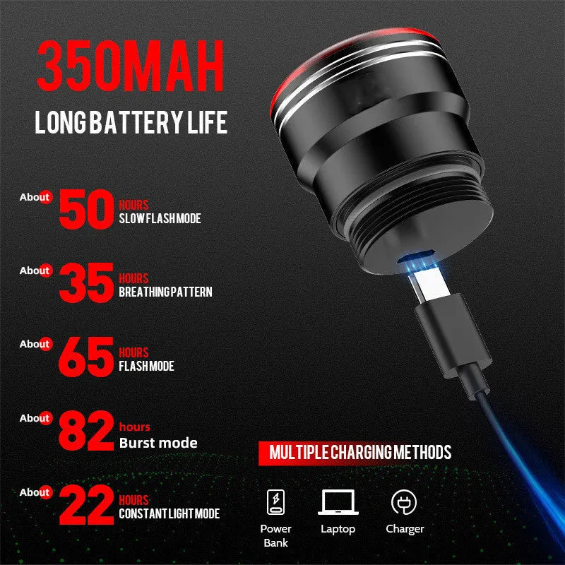 Black USB rechargeable bicycle tail light with brake sensor in aluminium housing