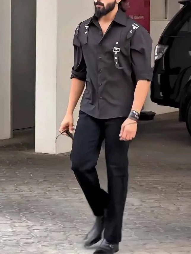 Men's black regular-fit utility button-up shirt made from polyester.