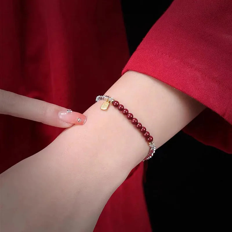 Silver lucky beads couple bracelet with geometric round beads and white K electroplated finish