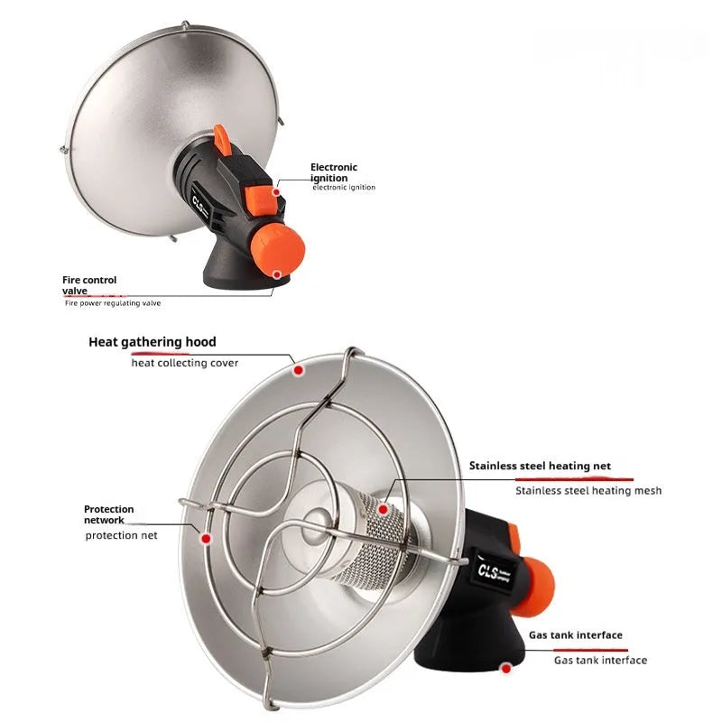 Black and orange portable outdoor heating stove with automatic ignition on a table.
