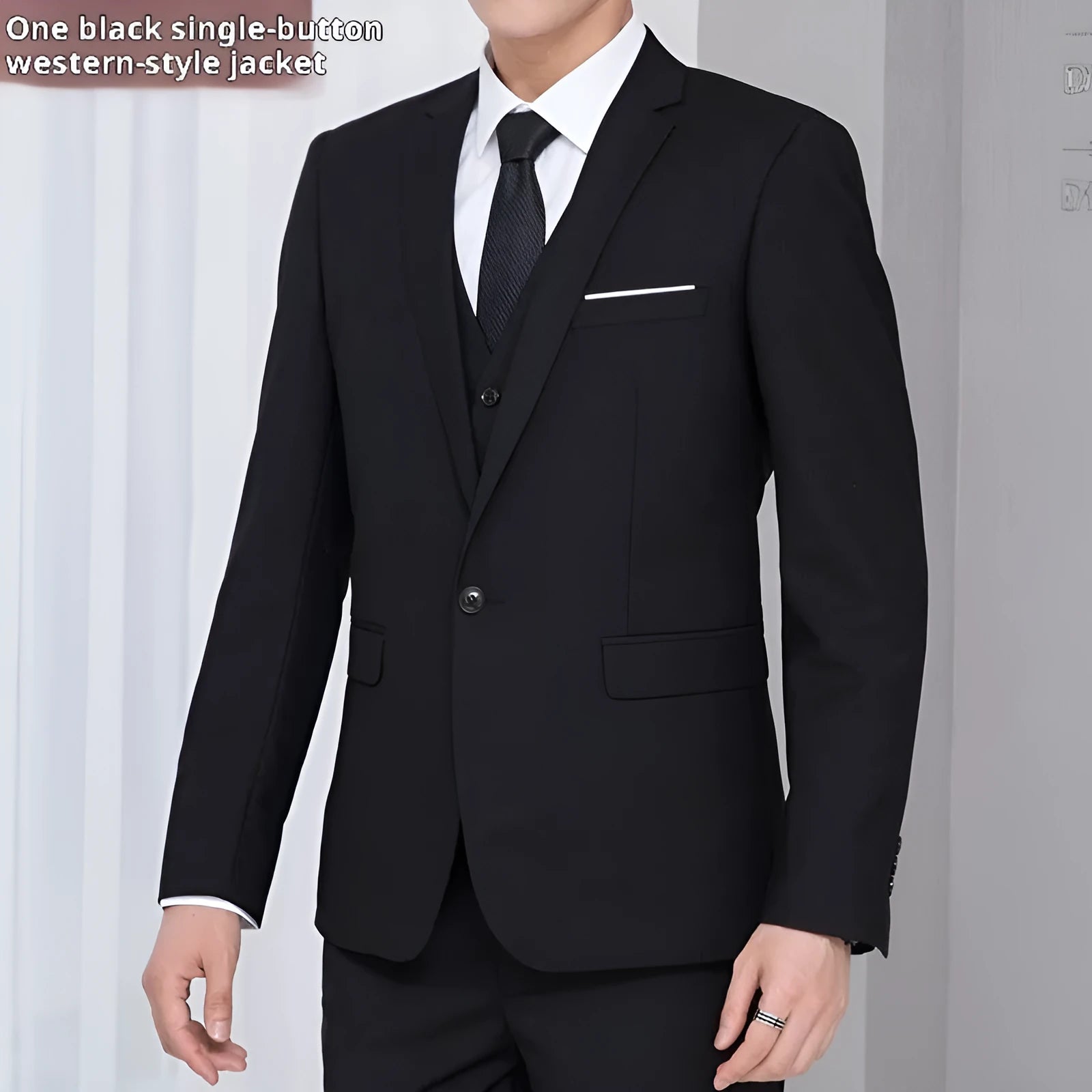 Men's Korean-style solid colour coat with size stick pocket, black, regular length