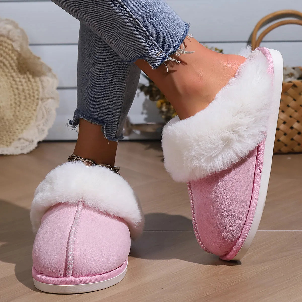 Cotton slippers with fleece lining, artificial wool inner, flat 2cm heel, PVC sole, solid colour design, sizes 36-45